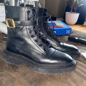 Zara leather combat boots size 38 with gold buckle and side zip